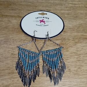 NEW Idyllwind By Miranda Lambert Blue Turquoise Beaded Fringe Earrings Feathers